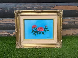 Buy Red Roses Small Framed Original Oil Painting Flowers In Blue Background  • 74£
