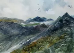 Buy ACEO Original Painting Art Card Landscape Path Birds Mountains Hills Watercolour • 5.50£