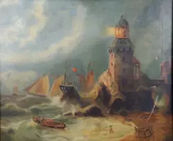 Buy Antique Oil On Canvas Dramatic Shipping Lighthouse Workers       P408 • 508.84£