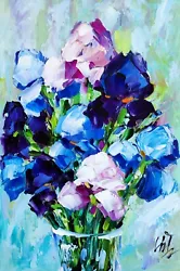 Buy Original Oil Painting Iris Bouquet Blue Flowers Artwork Floral Impasto Wall Art • 65.24£