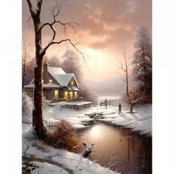 Buy Winter Cottage Landscape Painting Snow Lake Sunset Snowy Trees Canvas Poster Art • 13.99£