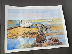 Buy Original Watercolour Of Crabbing Fishing Scene Old Fisherman Not Framed • 13.99£