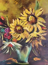 Buy Original Late 20th Century Impasto Oil Painting On Canvas Sunflowers In A Vase • 152£