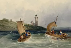 Buy Fishing Boats Off Coast With Lighthouse –early 19th-century Watercolour Painting • 34£