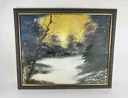 Buy Original Oil Painting On Board Framed Landscape Winter Forest Sunset Yellow Sky • 28£