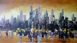 Buy NEW YORK CITY SKYLINE CITY Mid Century Cityscape Oil On Canvas Painting 1970's • 295.61£