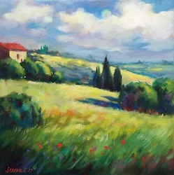 Buy Landscape Painting On Canvas Tuscany Italy Field Green Original Art 12x12 Oil • 118.45£