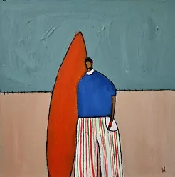 Buy Painting Original Man SURFER Portrait Canvas Outsider Whimsical 10x10 Art • 80.87£