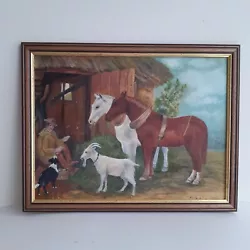 Buy Vintage Farm Animals Horses Oil Painting On Board Naive Framed Country  • 25£
