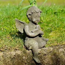Buy Cast Iron Sitting Cherub |Antique Style Verdigris Home Garden Ornament Sculpture • 36.99£