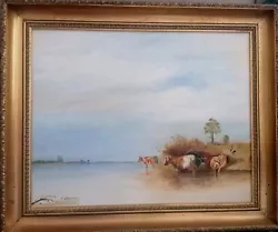 Buy J Warburton Oil On Canvas Original Painting River Scene With Wading Cows Country • 150£