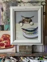 Buy Original Oil Painting  Wild Animal  Cat & Fish  25x20cm    UNFRAMED • 59.99£
