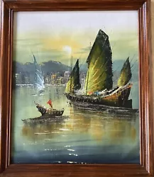 Buy Vintage Original Oil Painting Of Hong King Harbour With Junk Boats. • 28£