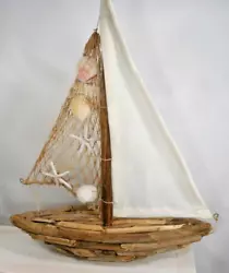 Buy Driftwood Sailboat Sculpture With Canvas Sail, Net & Sea Shell Sail, Nautical • 39.99£