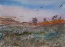 Buy ACEO Original Painting Art Landscape Misty Hills Dawn Fields Grass Watercolour • 6£