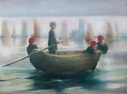 Buy Philip North. Oil On Canvas. Boys Fishing From Boat. Cornish Art. Folk Art • 95£