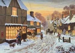 Buy 🎄Christmas Snowing Victorian Edwardian Winter English Scene Oil Painting Sunset • 125£