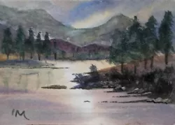 Buy ACEO Original Painting Art Card Landscape Trees Mountains Lake Cloud Watercolour • 5.50£