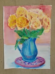 Buy Blooming Orange Roses Blue Original Watercolor Painting RAMfish Artist 12X9  • 186.85£