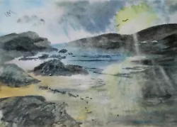 Buy ACEO Original Painting Seascape Beach Coast Rocks Wales Holyhead Watercolour • 5.50£
