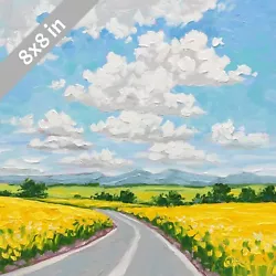 Buy Road Landscape Oil Painting Original Yellow Flowers Field Road Cloud Painting • 55.14£