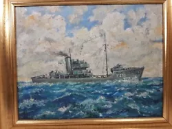 Buy Oil Painting Navy Warship Boat Vintage Gilt Framed Canvas Wartime Rare Prop • 44.99£