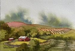 Buy Pamela Wilhelm Watercolor 5”x7” Original The Farm On The Hill Field Furrows • 26.14£