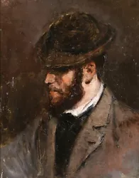 Buy C. 1870 UNUSUAL FRENCH IMPRESSIONIST OIL ON CANVAS - PORTRAIT OF MAN IN HAT • 223£