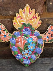 Buy Large Winged Flaming Heart Decoration Handmade & Painted Mexican Tin Folk Art  • 45£