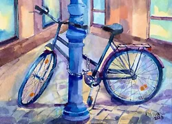 Buy 7x5 BICYCLE IN THE OLD CITY, CITYSCAPE ART,  ORIGINAL WATERCOLOR PAINITNG • 28.59£