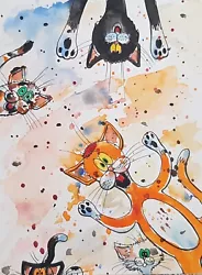 Buy Original Watercolour Painting  Crazy Cats  6  × 8  • 14.99£