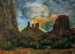 Buy ACEO Original Painting Art Card Landscape Monument Valley Utah Dusk Watercolour • 6£