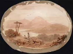 Buy Figures In Mountain Lake Landscape - Antique Watercolour Painting - 19th Century • 80£