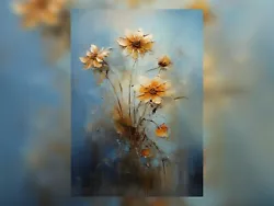 Buy Sunshine Blooms - Oil Painting Print Of Yellow Flowers On Blue 5 X7  • 4.99£