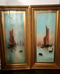 Buy Pair Of Large  Antique Nautical Paintings Fishing Boats Framed  In Glass Signed • 95£