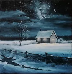 Buy Landscape Original Oil Painting 12x12 In (30x30 Cm) Realistic Winter Night • 178.94£