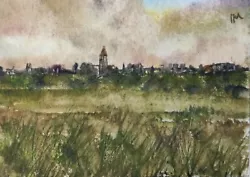 Buy ACEO Original Painting Landscape Town Summer Fields Houses Art Watercolour • 5.50£