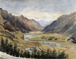 Buy MOUNTAIN TOWNS IN LANDSCAPE Victorian Watercolour Painting C1890 ALPS • 50£