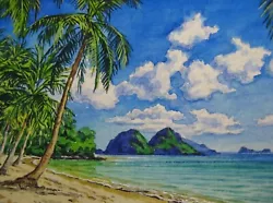 Buy Watercolor Painting Ocean Beach Palm Trees Tropical Nature Hawaii ACEO Art • 33.43£