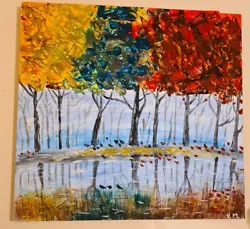 Buy Autumn Trees By The Lake Landscape Acrylic Painting On Wood 47x49cm Art Paint • 29.99£