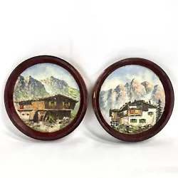 Buy Set Of 2 Vintage Souvenir Paintings On Wood 6  Round Mountains House Badgastein • 40.80£
