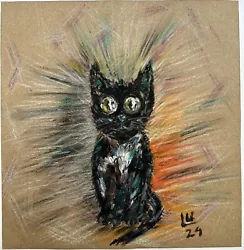 Buy Black Cat Painting Original Pet Animal Oil Pastel Hand Painted 10x10  Signed • 45£