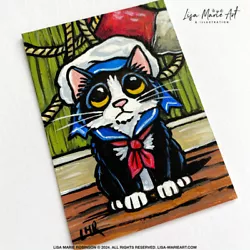 Buy Original ACEO Art Black And White Kitten, Sailor Cat By Lisa Marie Robinson • 8£