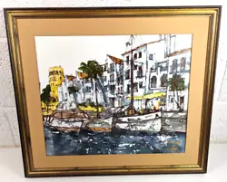 Buy Vintage Original Mixed Media Painting By Bernard Dufour - Boats At Riverside • 49.99£