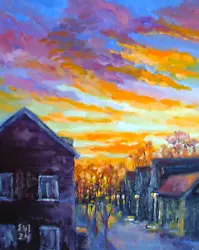 Buy Sunset Landscape Original Oil Painting  Wall Art Wall Decor Canvas 8x10 Inches • 35£
