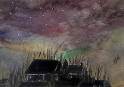 Buy ACEO Original Painting Landscape Art Aurora Stars Cabin Watercolour • 5.50£