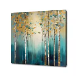 Buy Birch Forest Trees Abstract Teal Orange Oil Painting Style Canvas Print, Modern • 32£