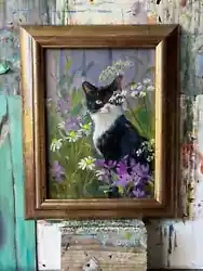 Buy Original Oil Painting White & Black Cat 8x6 In  UNFRAMED • 38.99£