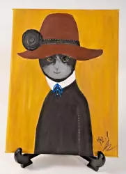 Buy Original Humorous Acrylic Portrait Painting Of A Cat In A Hat, OOAK By Maz J. • 10£
