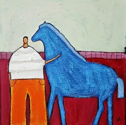 Buy Painting Original Abstract People Portrait Canvas Man Horse Whimsical 10x10 Art • 80.73£